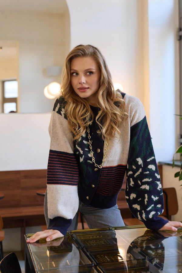 Multi Patterned Tie-Back Cardigan - Ivory/Blue