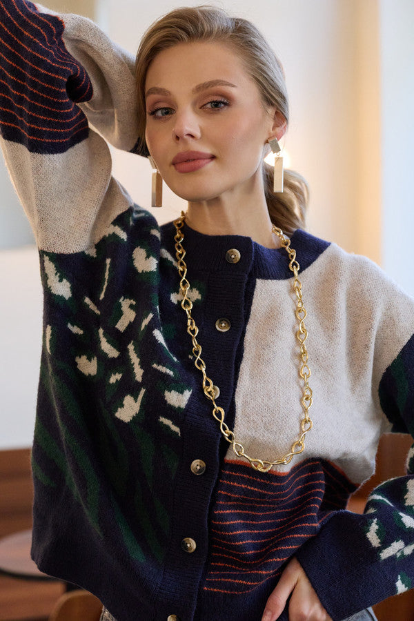 Multi Patterned Tie-Back Cardigan - Ivory/Blue
