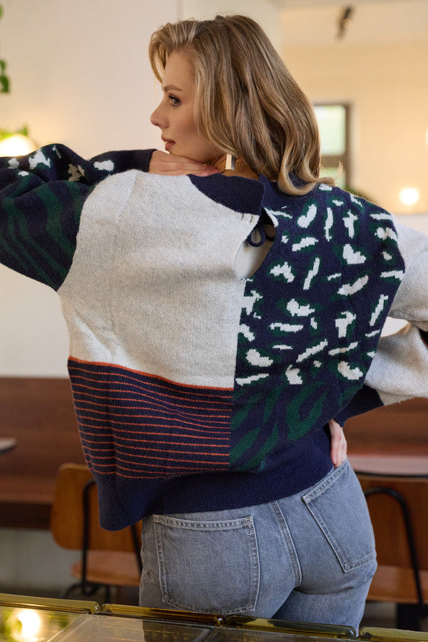 Multi Patterned Tie-Back Cardigan - Ivory/Blue