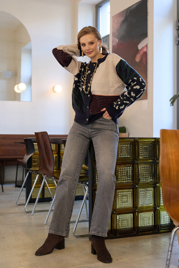 Multi Patterned Tie-Back Cardigan - Ivory/Blue