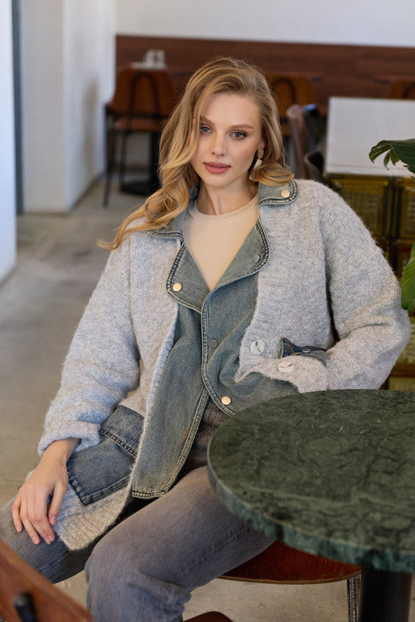 ジャケット・アウター suede switching pattern knit cardigan Denim Knit Cardigan – SAACHI