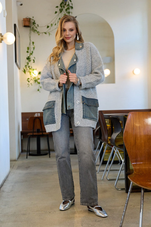 Denim Knit Cardigan - Light grey