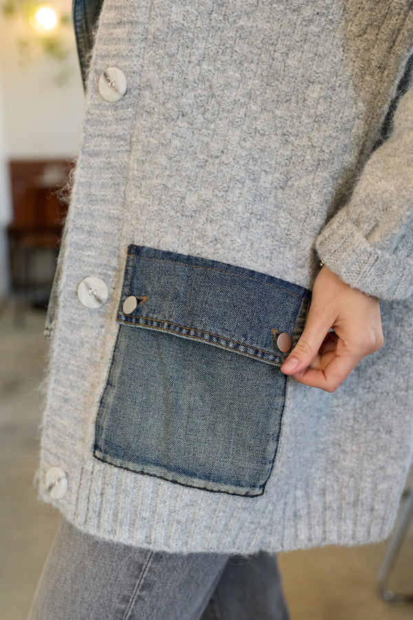 Denim Knit Cardigan - Light grey