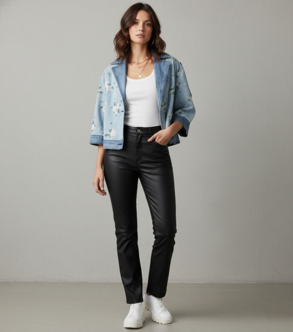 Flower Beaded Short Denim Jacket