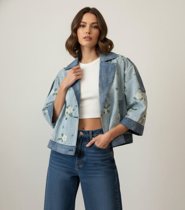 Flower Beaded Short Denim Jacket