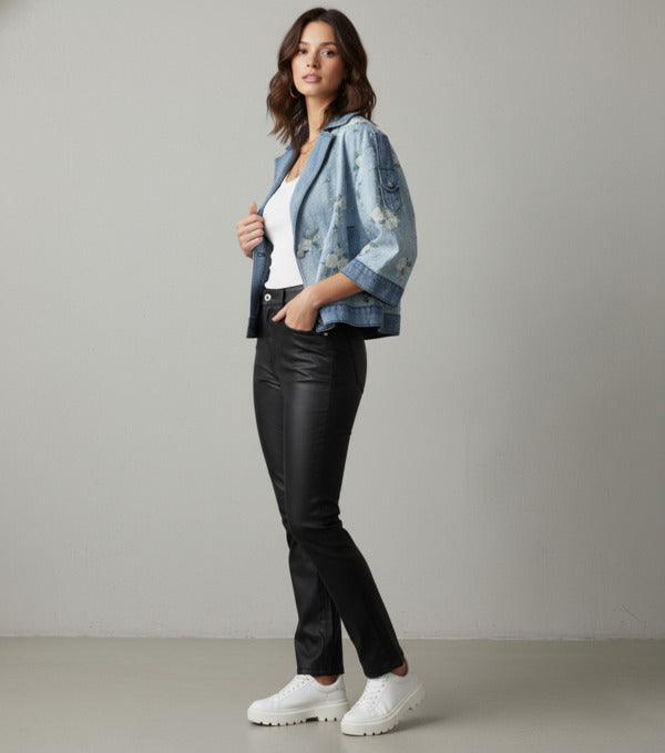 Flower Beaded Short Denim Jacket