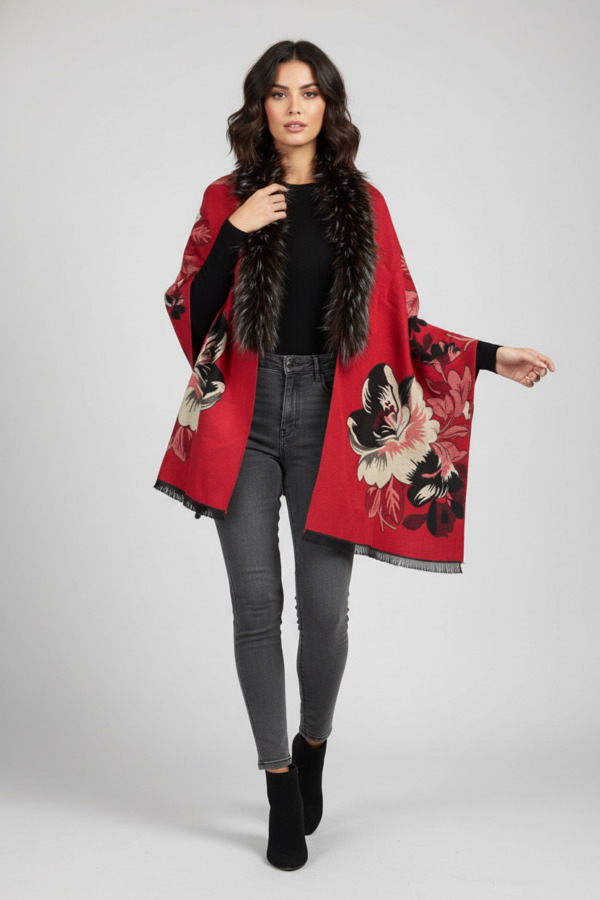 Bloom Reversible Fur Scarf - Red