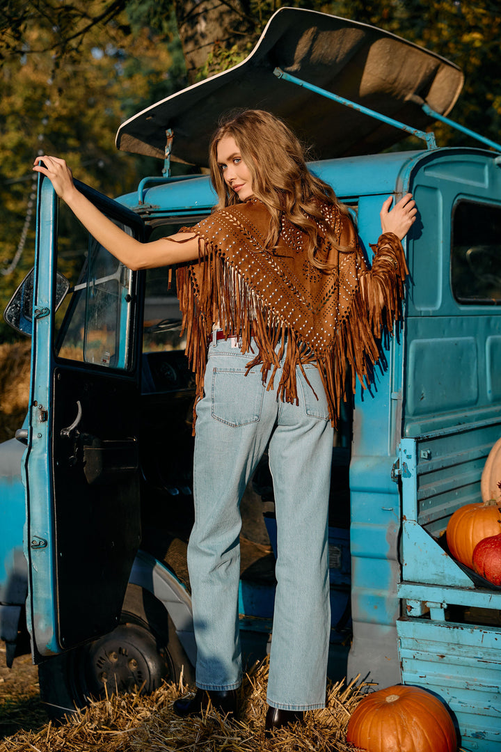 Paisley Laser Cut Fringe Triangle Wrap with Studs