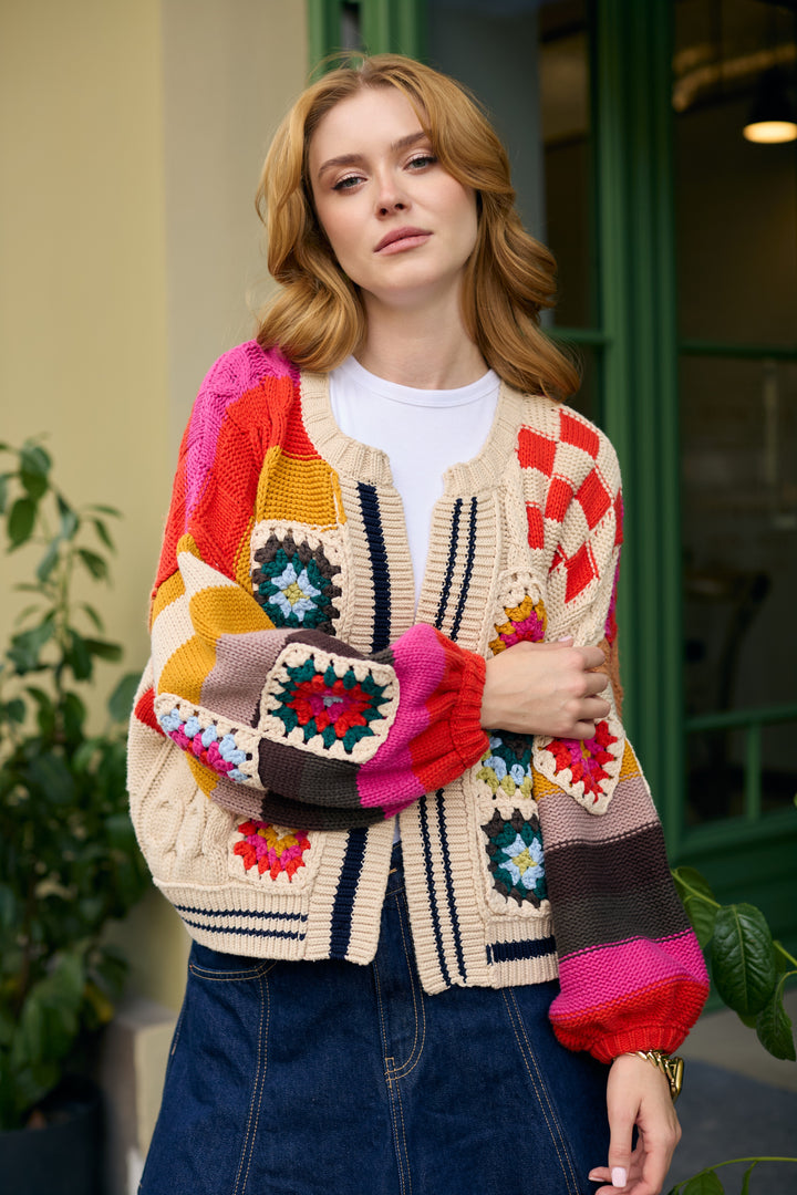 Square Checkered Multi Pattern Cardigan