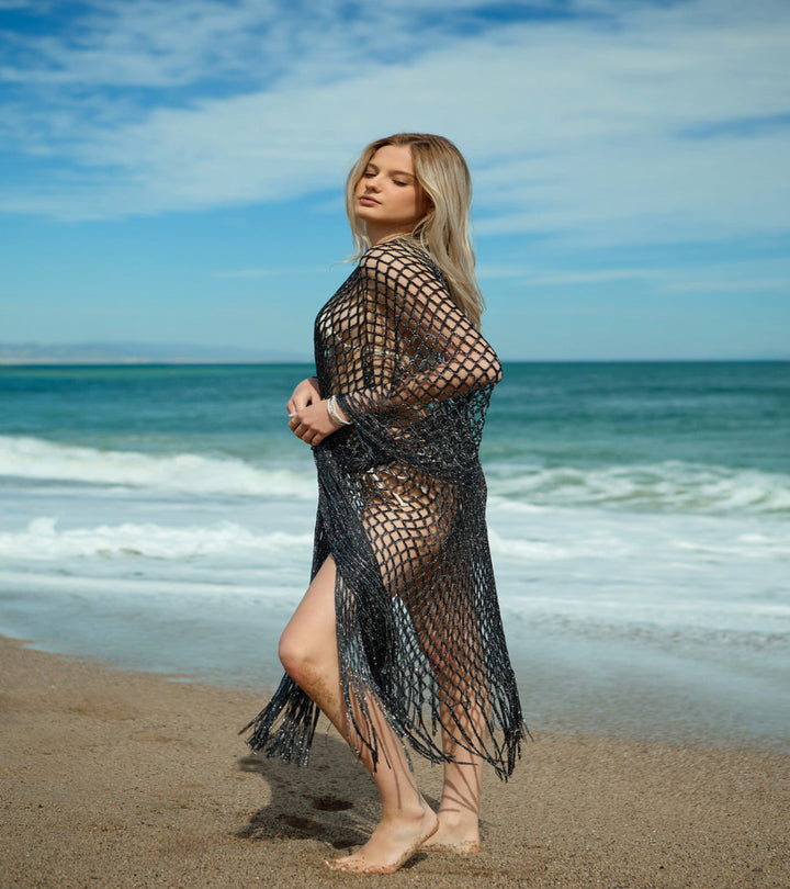 Metallic Crochet Fringe Kimono