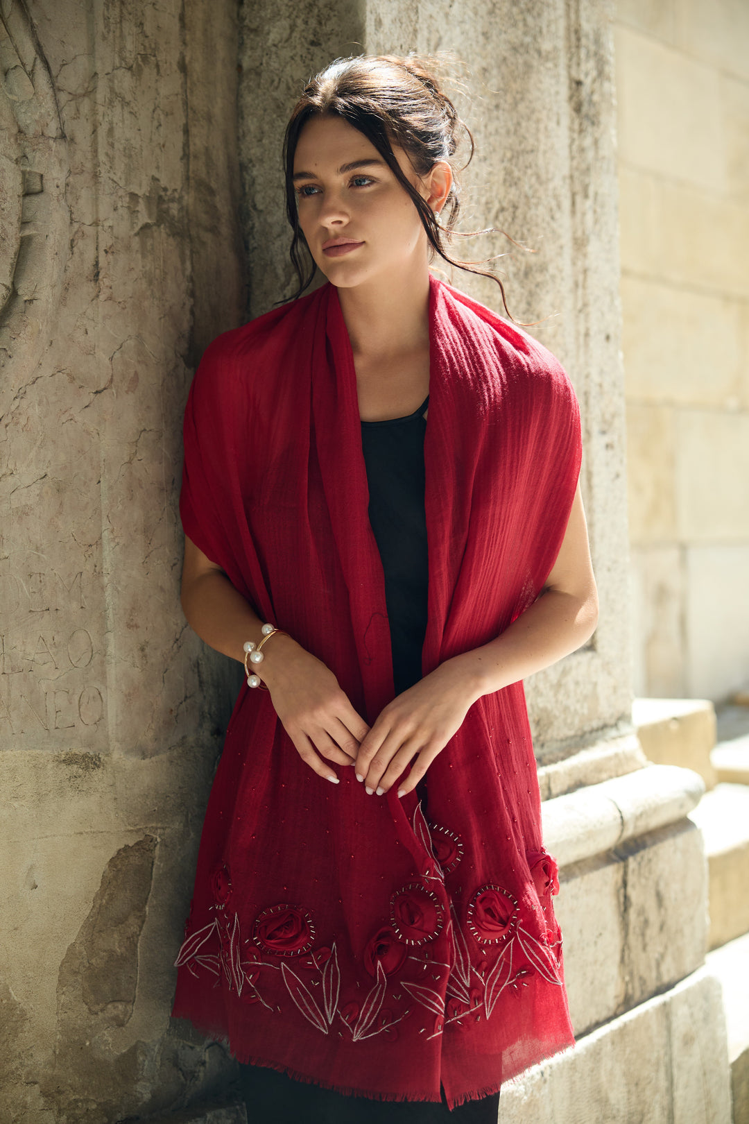 3D Floral Embellished Wool Scarf