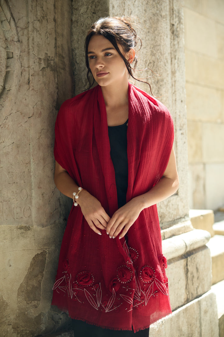3D Floral Embellished Wool Scarf
