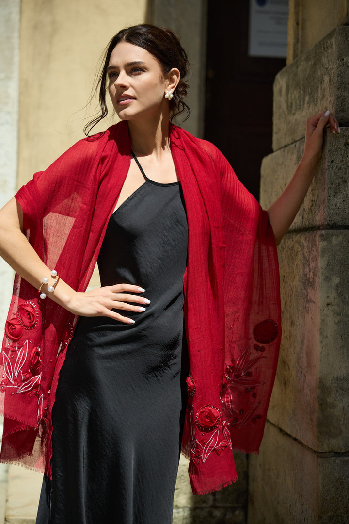 3D Floral Embellished Wool Scarf