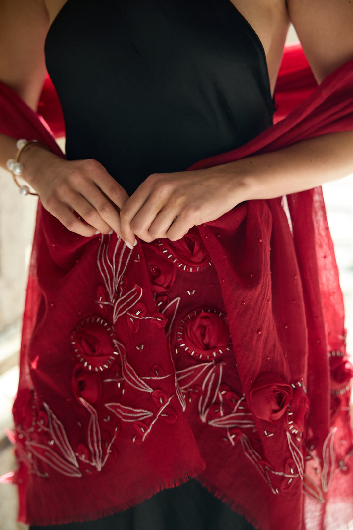 3D Floral Embellished Wool Scarf