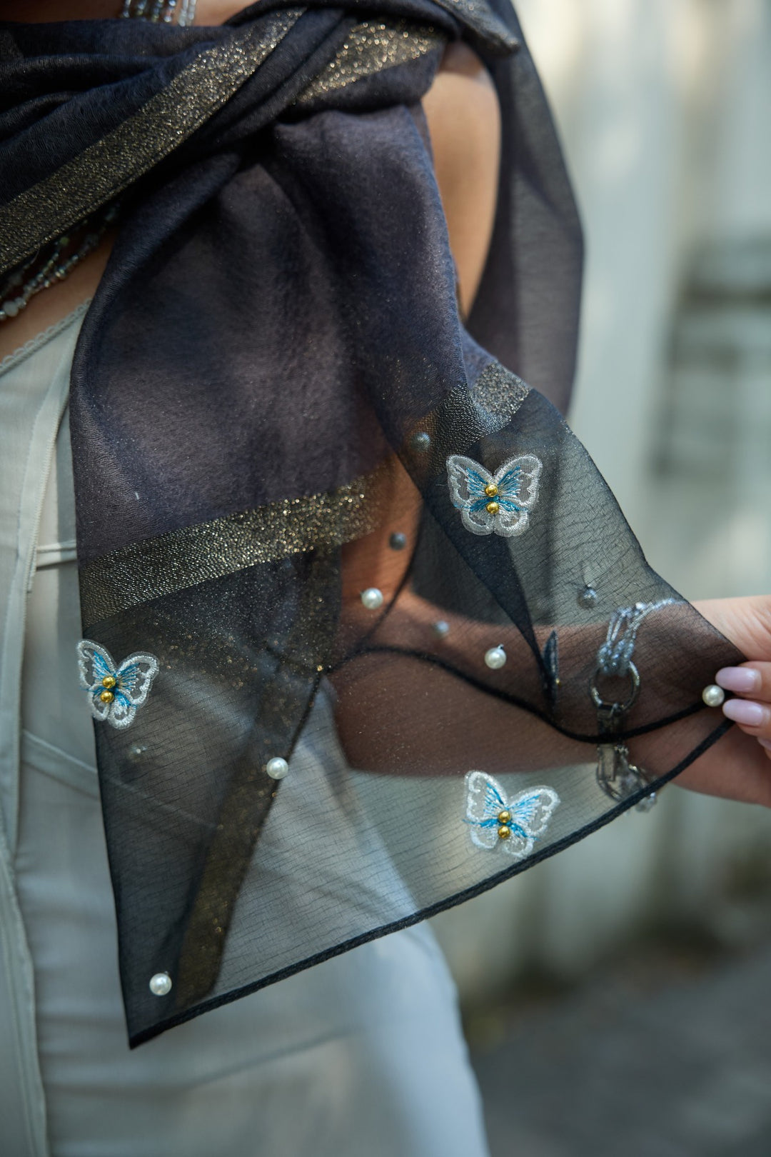 Butterfly Embroidered Silk Scarf