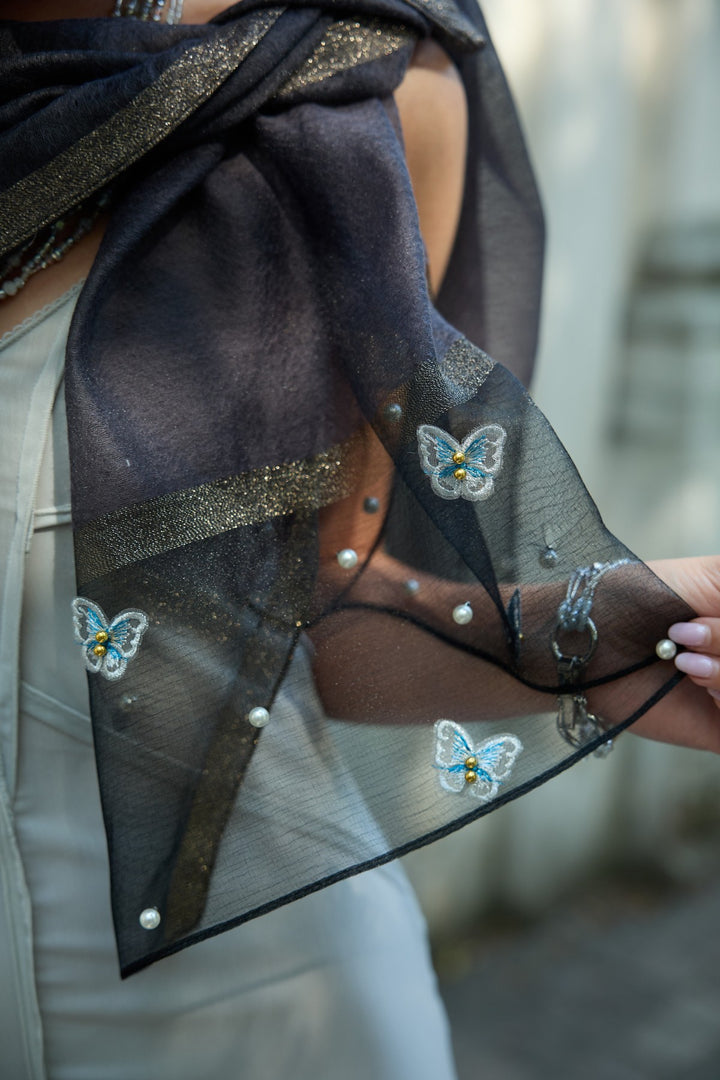 Butterfly Embroidered Silk Scarf