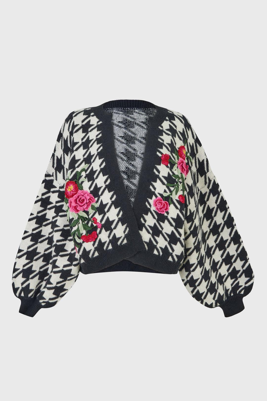 Houndstooth Rose Embroidered Knit Cardigan
