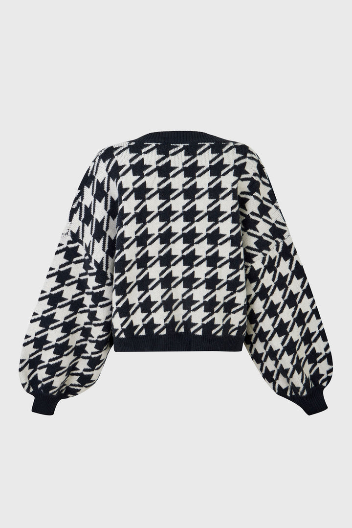 Houndstooth Rose Embroidered Knit Cardigan