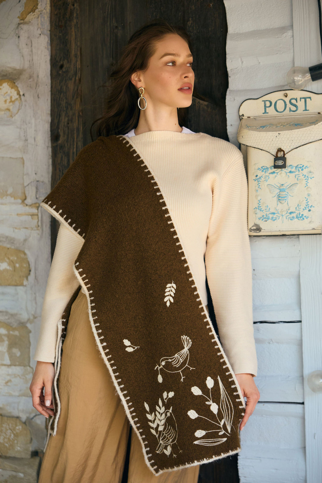 Embroidered Bird Scarf - Brown