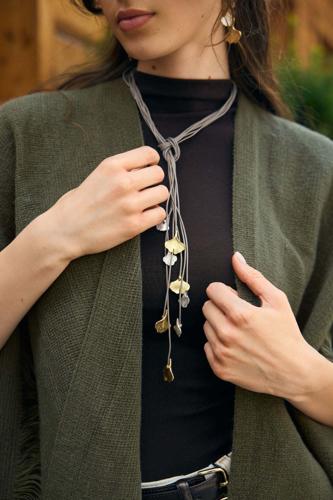 Ginkgo Leaf Leather Necklace - Taupe