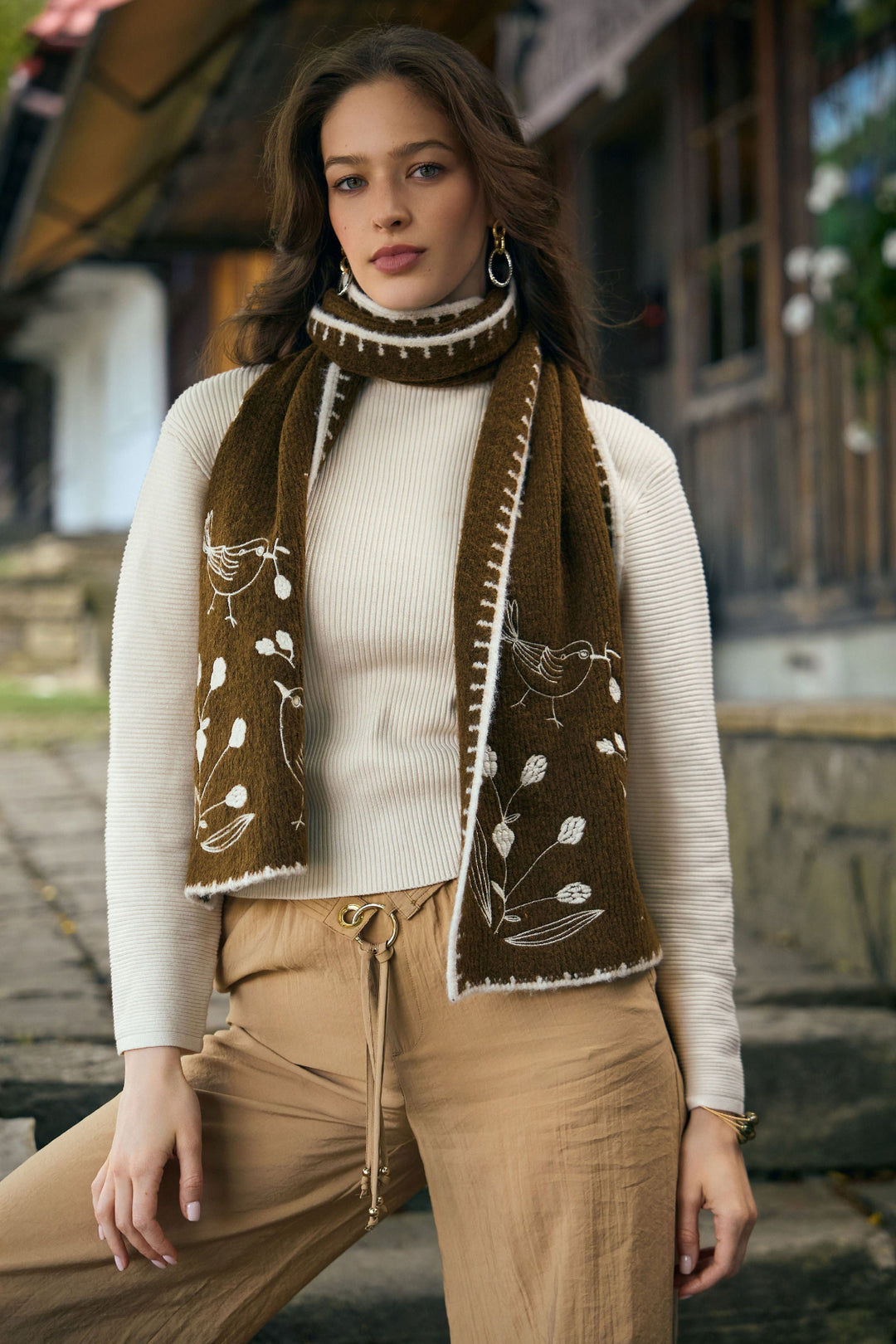 Embroidered Bird Scarf - Brown
