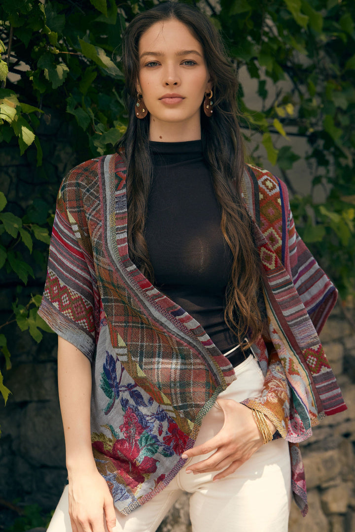 Floral Geometric Short Open Poncho - Dark Multi