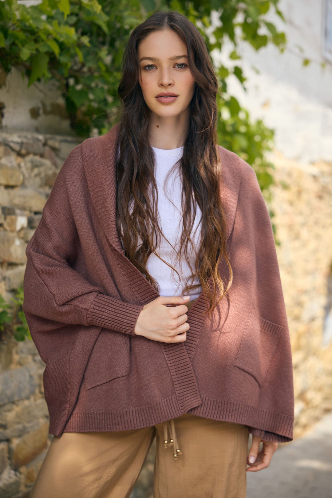 Open Front Oversized Cardigan- Brown