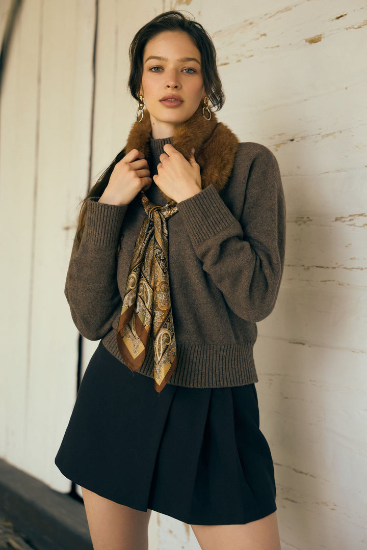Paisley Faux Fur Collar Scarf - Light Brown