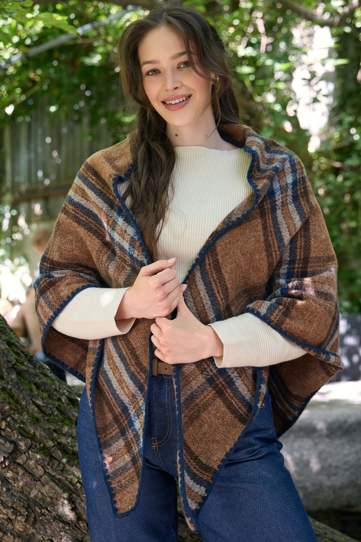 Knitted Plaid Triangle Shawl- Blue Multi