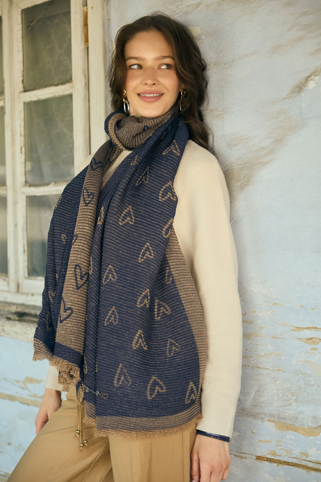 Textured Lurex Patterned Scarf - Navy