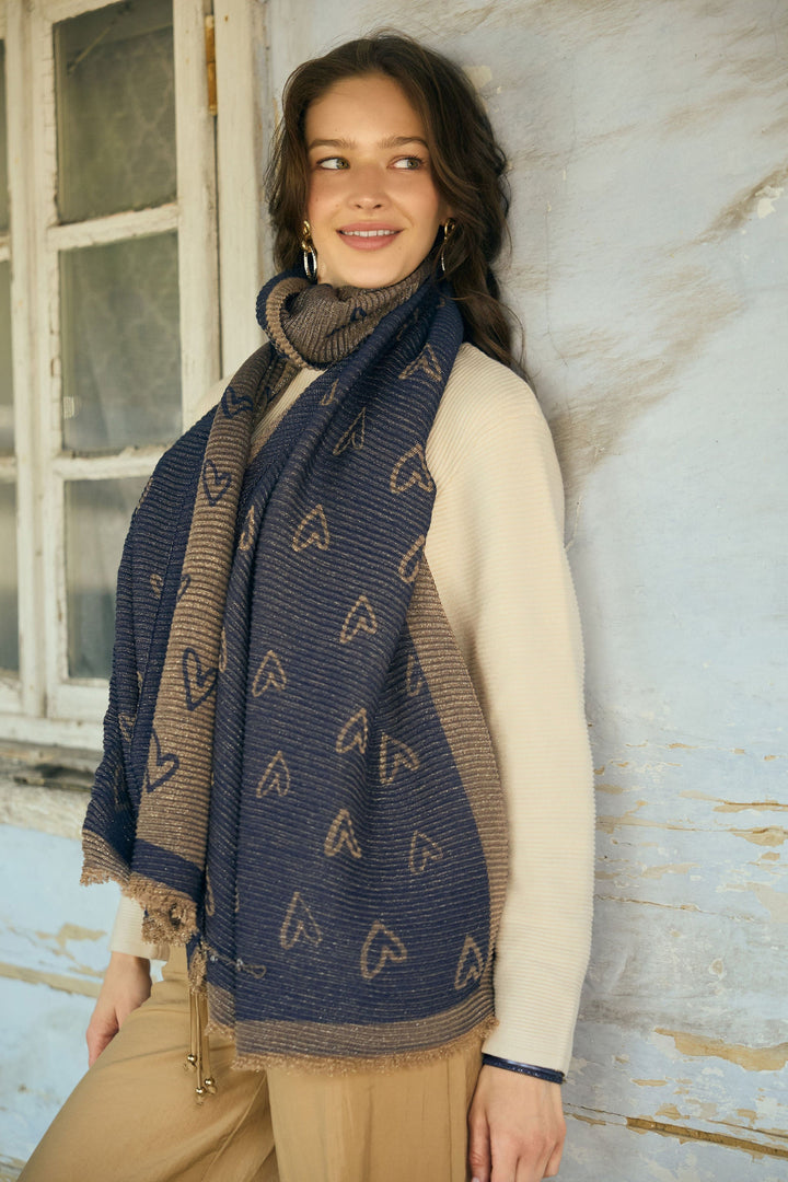 Textured Lurex Patterned Scarf - Navy