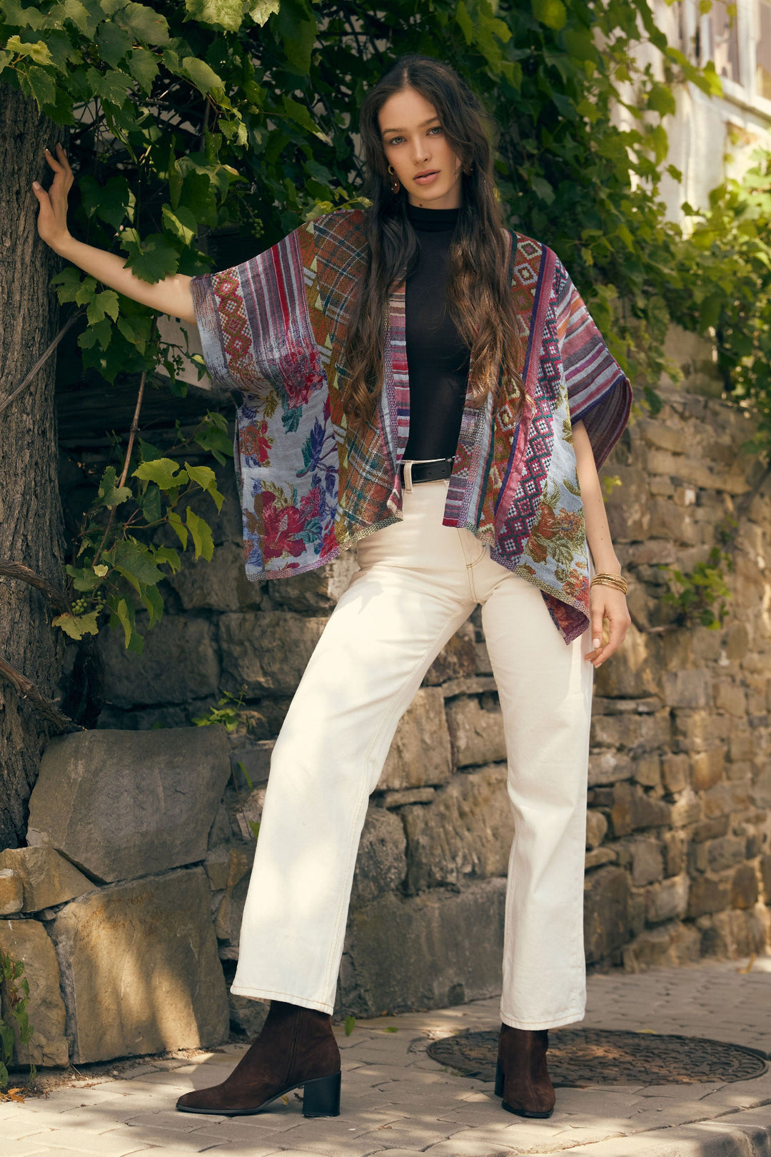 Floral Geometric Short Open Poncho - Dark Multi