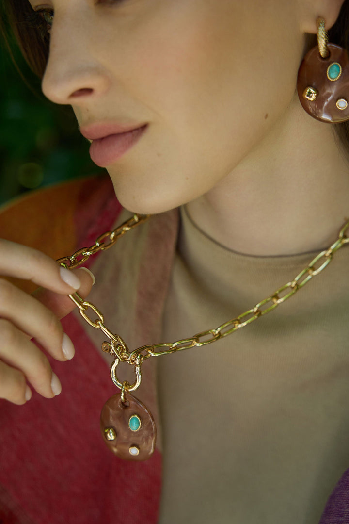 Stone-Studded Wood Disc Pendant Necklace - Brown