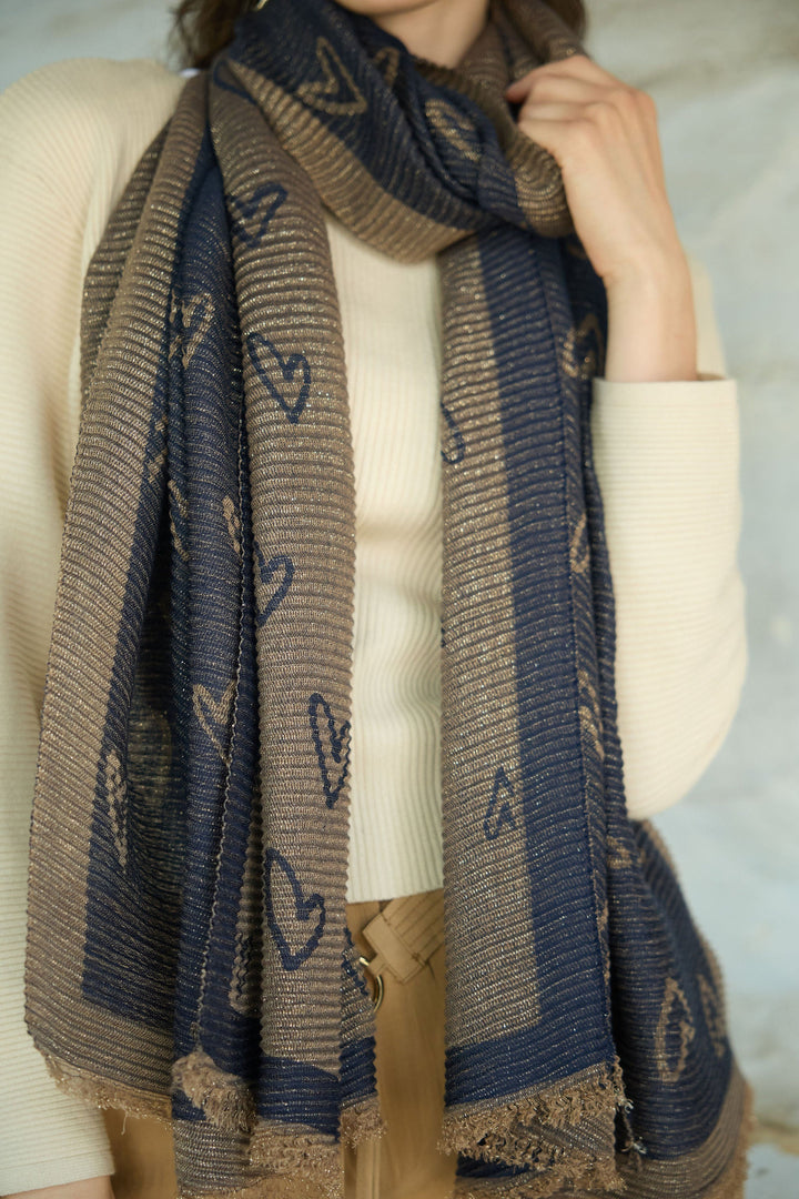 Textured Lurex Patterned Scarf - Navy