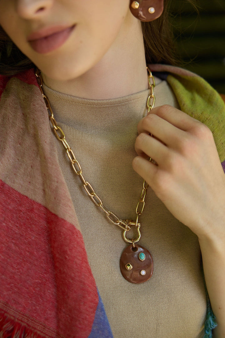 Stone-Studded Wood Disc Pendant Necklace - Brown