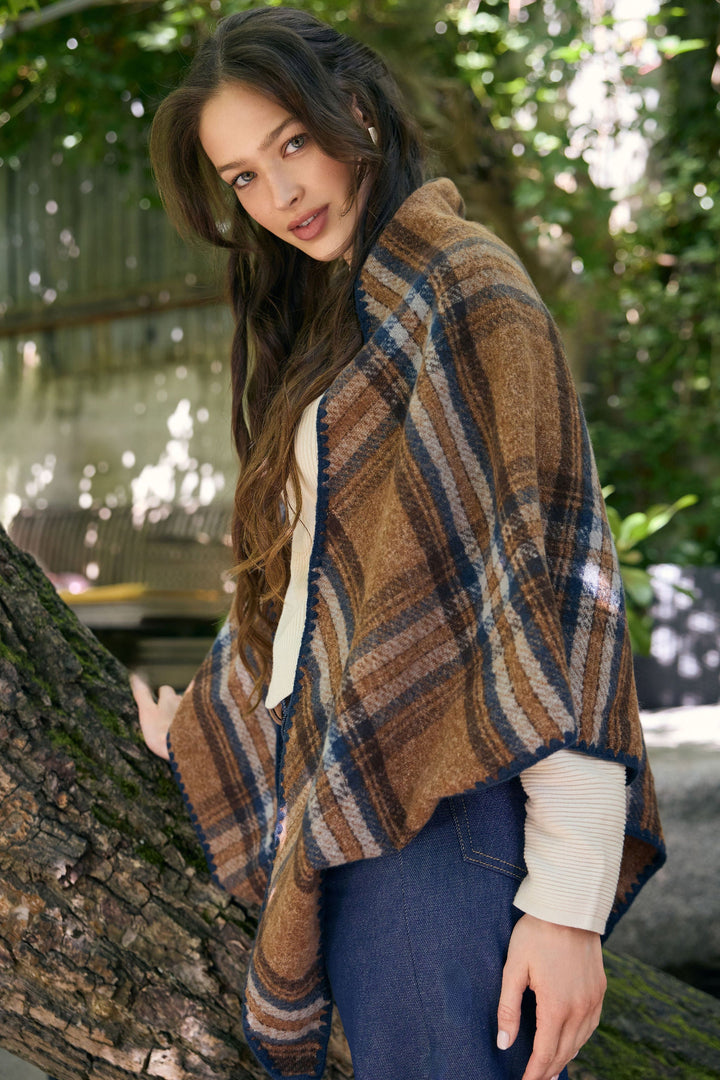 Knitted Plaid Triangle Shawl- Blue Multi
