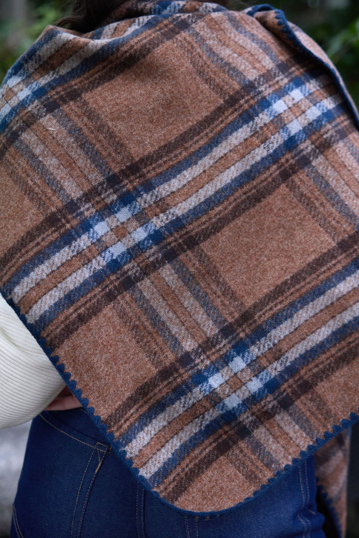 Knitted Plaid Triangle Shawl- Blue Multi