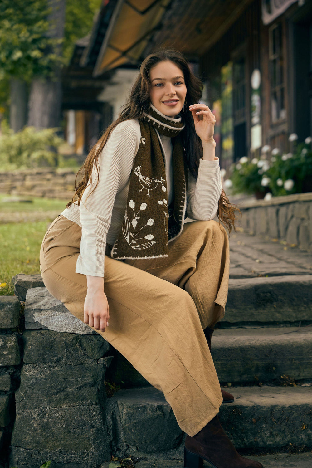Embroidered Bird Scarf - Brown