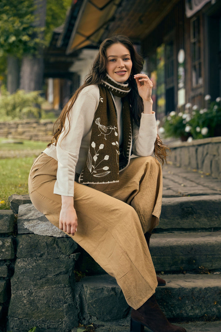 Embroidered Bird Scarf - Brown