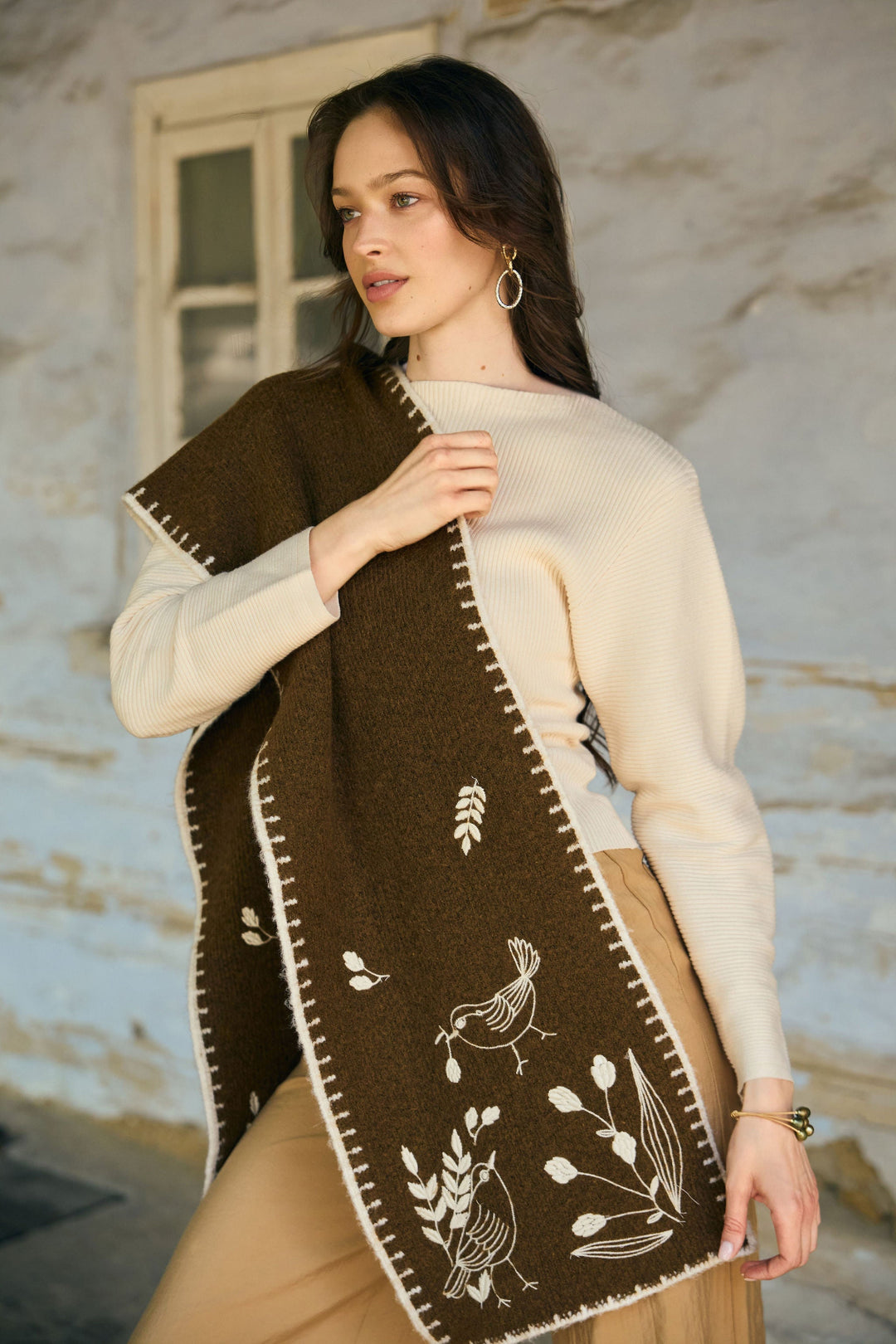 Embroidered Bird Scarf - Brown