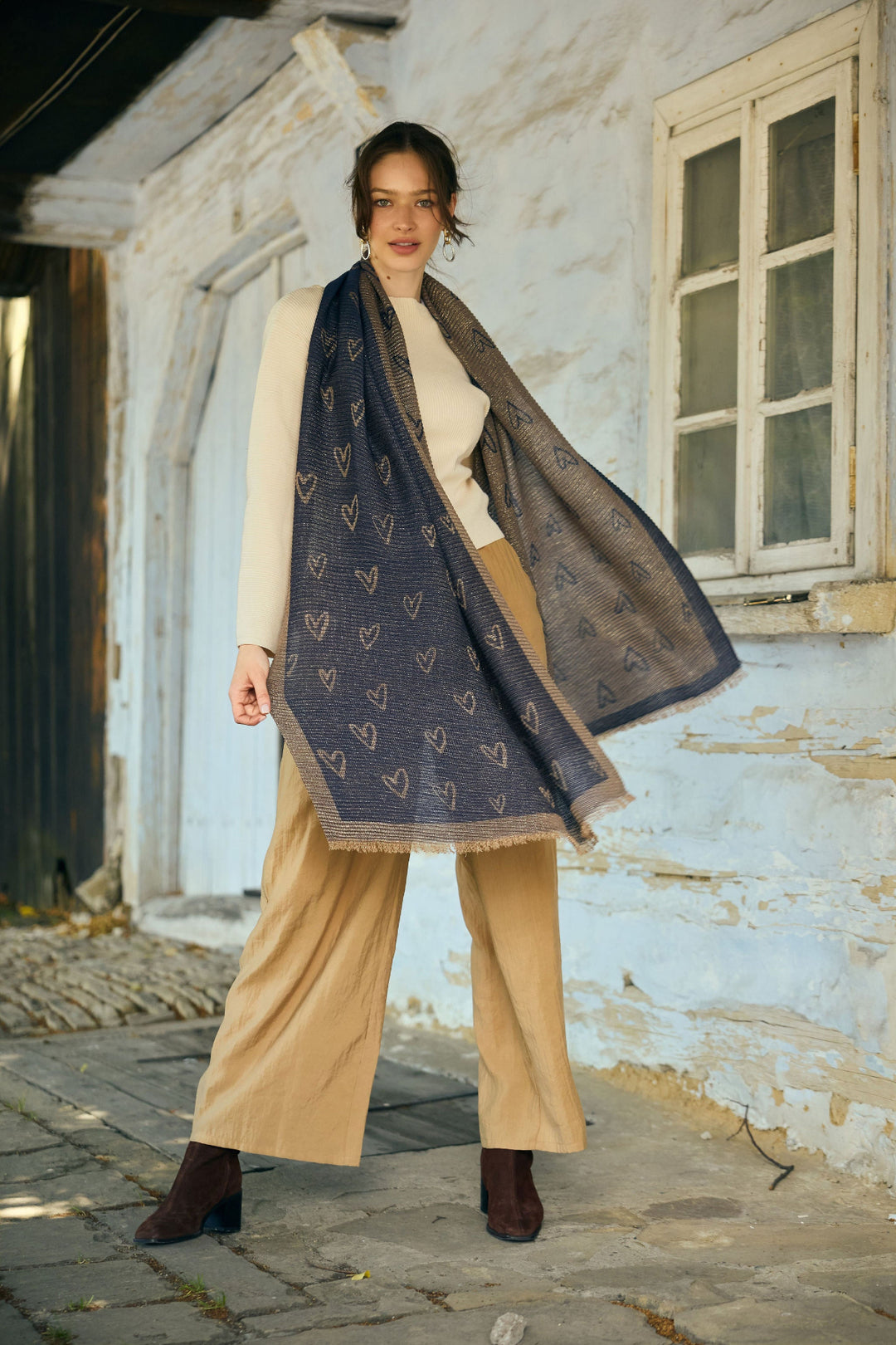 Textured Lurex Patterned Scarf - Navy