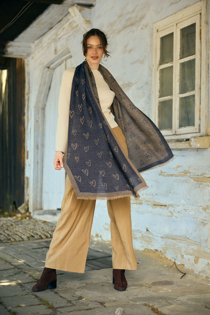 Textured Lurex Patterned Scarf - Navy