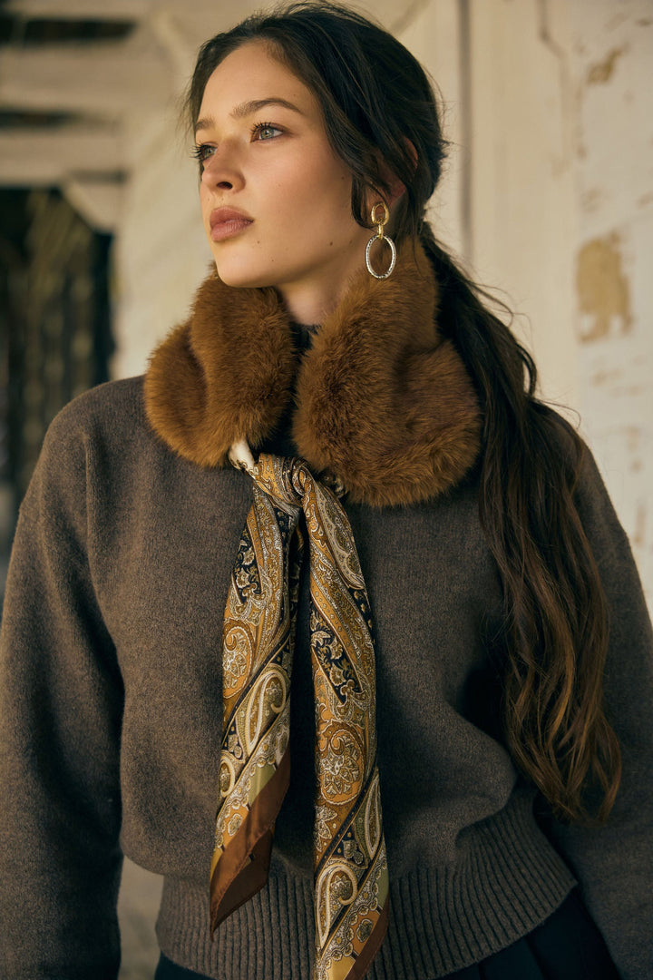 Paisley Faux Fur Collar Scarf - Light Brown