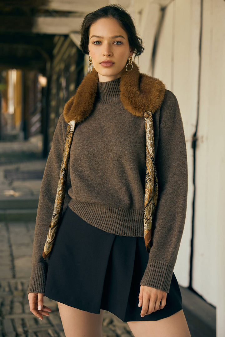 Paisley Faux Fur Collar Scarf - Light Brown
