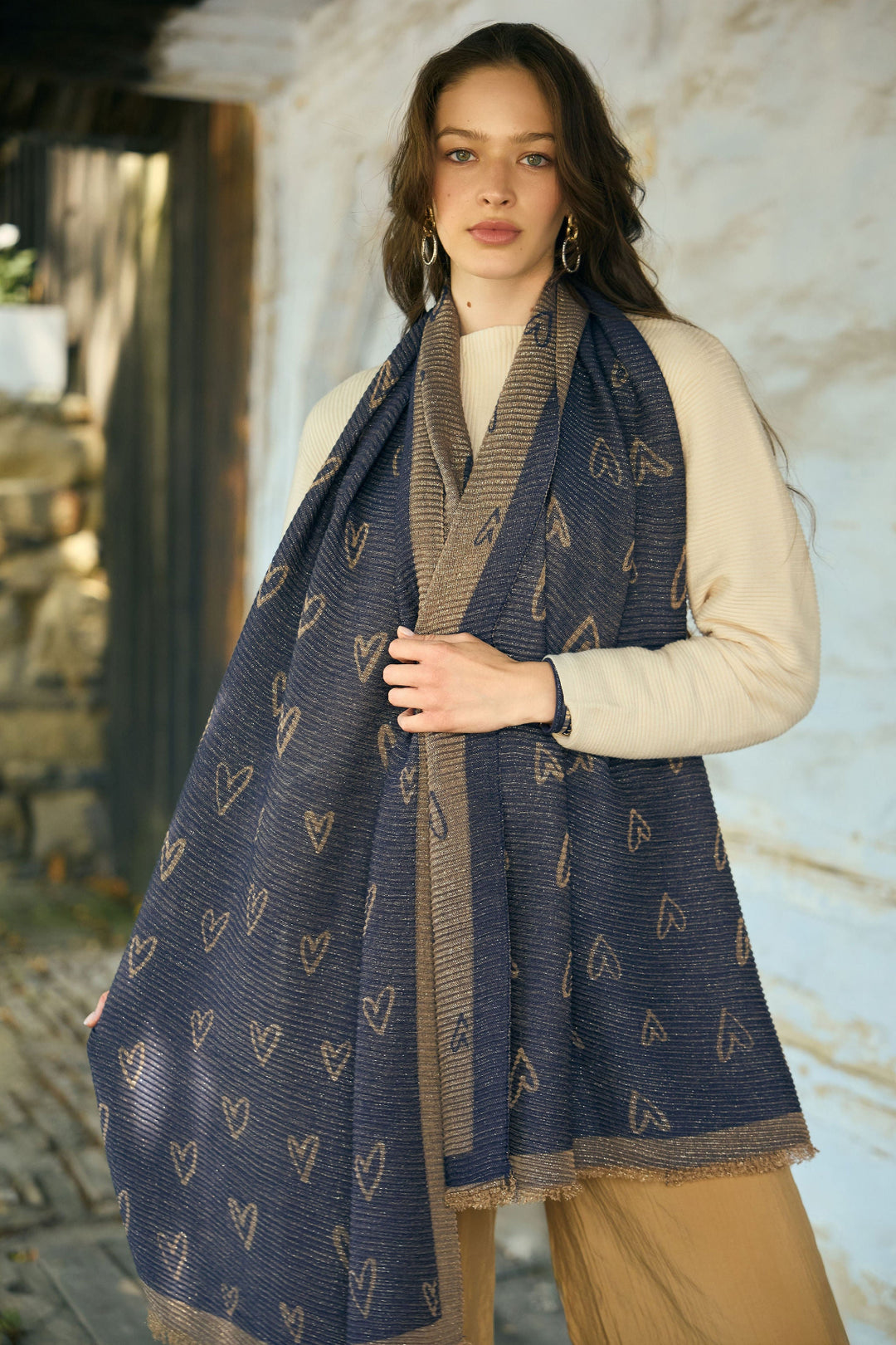 Textured Lurex Patterned Scarf - Navy
