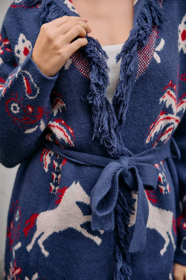 Equestrian Printed Fringe Cardigan