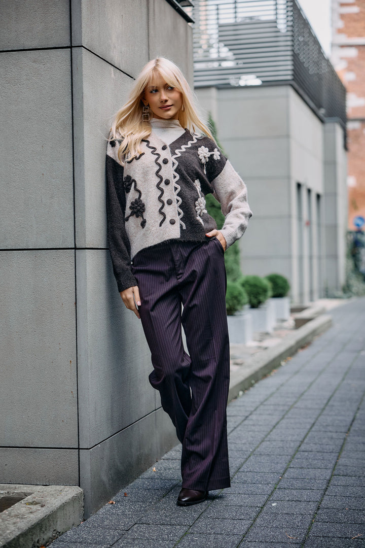 Two-Tone Floral Appliqué Cardigan
