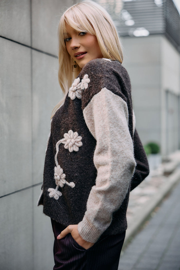 Two-Tone Floral Appliqué Cardigan