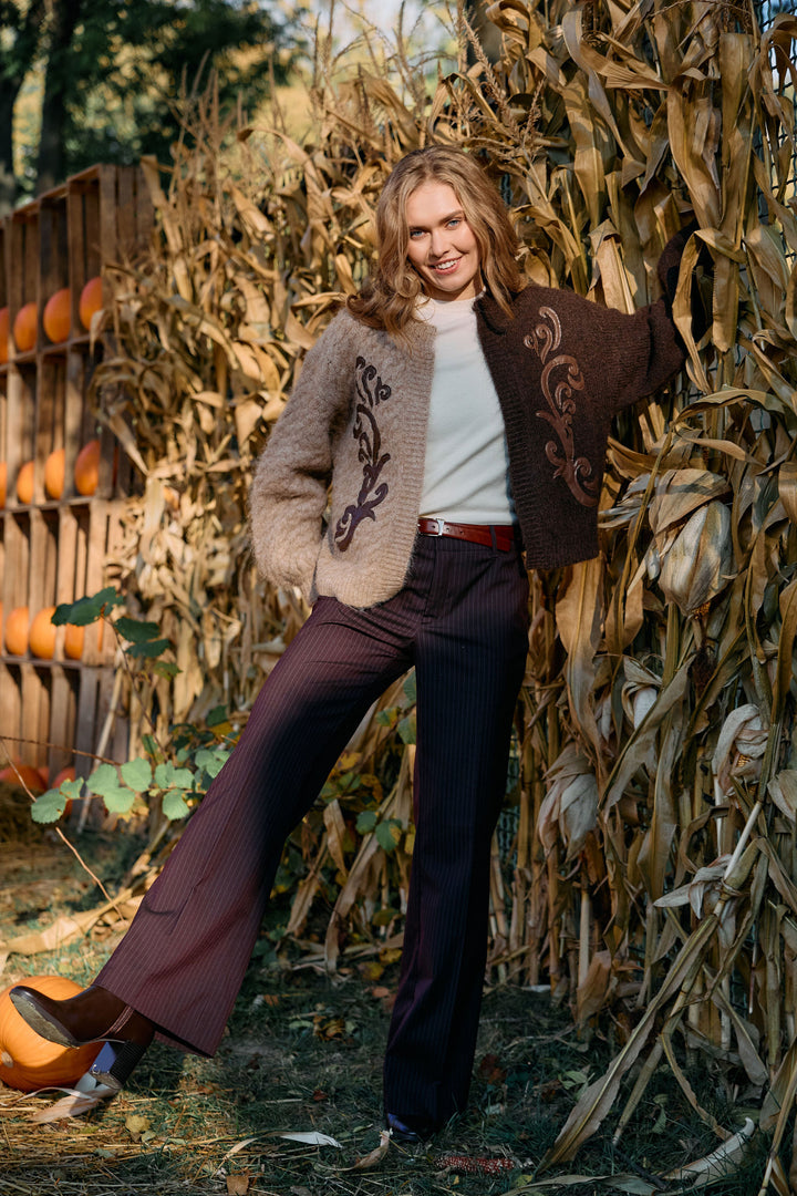 Two-Tone Scroll Appliqué Cardigan