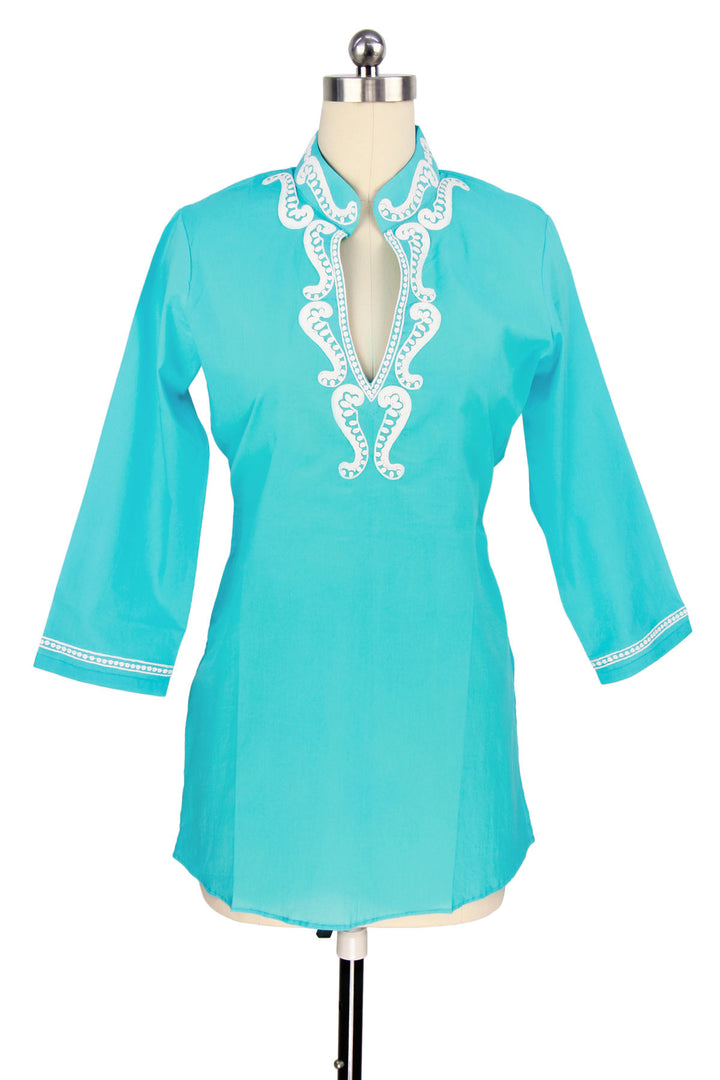 Paisley Embroidered Turquoise Ivory Tunic